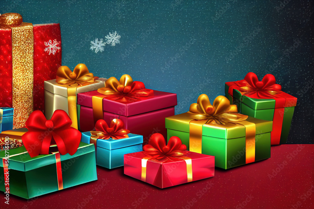 Many gift boxes for merry christmas and new year 2023 spectacular celebration. Generative AI. 