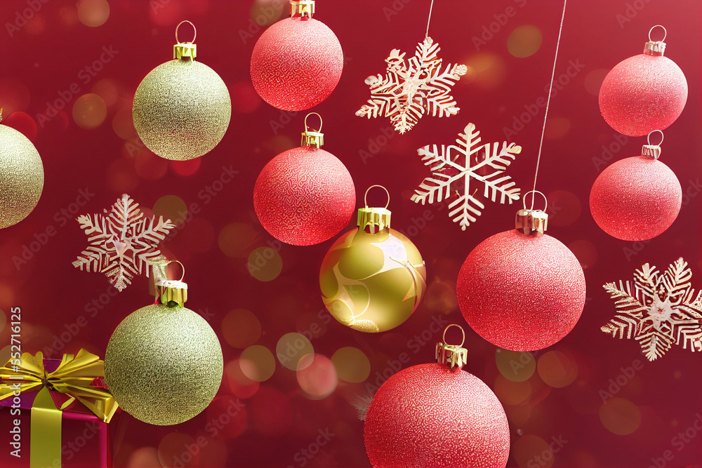 Christmas celebration background decorated with spectacular baubles gift. Generative AI. 