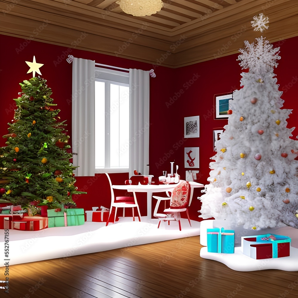 christmas tree with gifts indoor, Generative AI