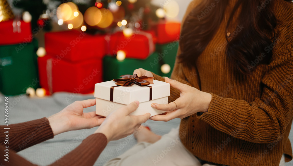 Happy woman giving Christmas and New Year Gift box to woman at Home.Family Xmas celebration. Christm