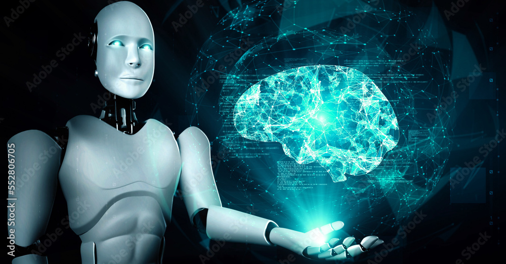 AI hominoid robot holding virtual hologram screen showing concept of AI brain and artificial intelli