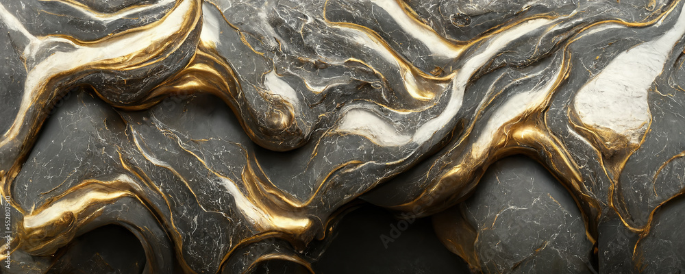 Splendid wavy pattern black and gold digital art marbling . Generative AI. 