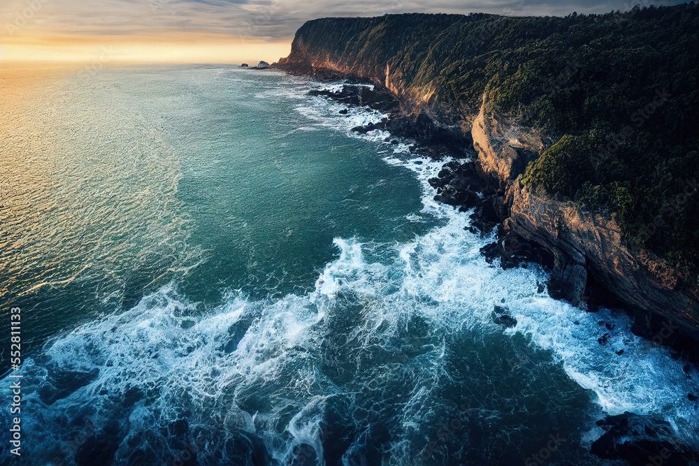 Spectacular drone photo of seascape ocean wave crashing rocky cliff with sunset. Generative AI. 