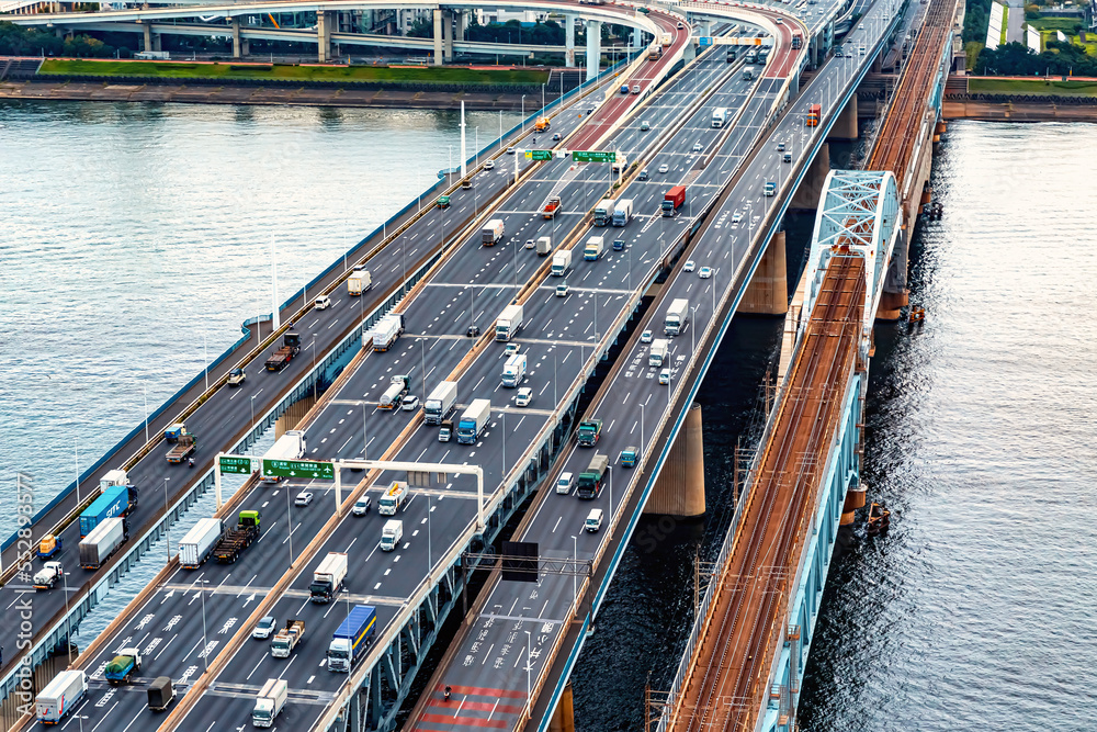 Aerial view of an expressway bridge in Odaiba, Tokyo, Japan