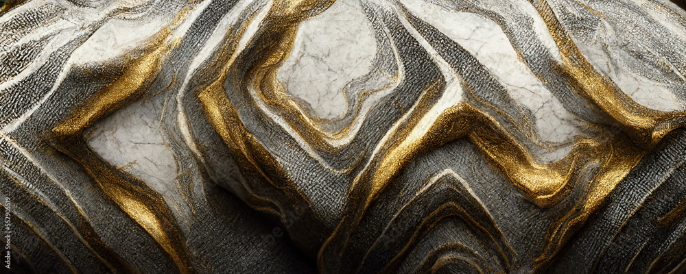 Splendid wavy pattern black and gold digital art marbling . Generative AI. 