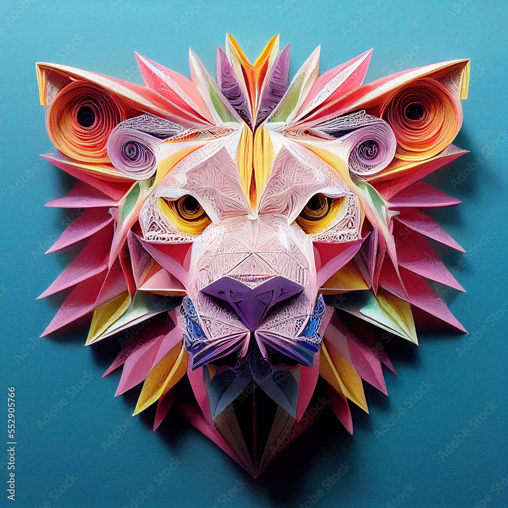 Splendid paper quilling lion in digital art . Generative AI. 