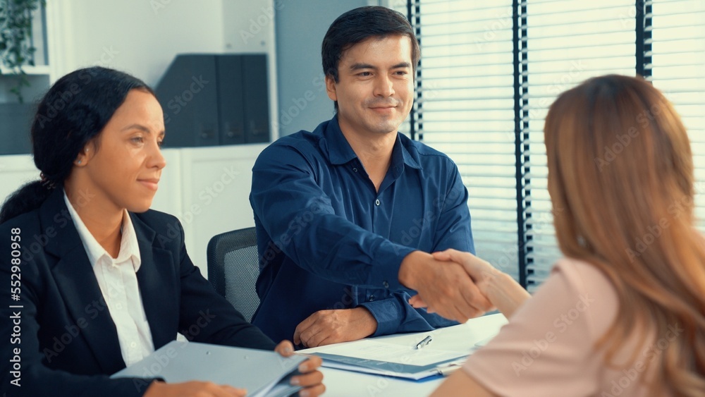 A new and competent female employee successfully interviewed. Newly graduated gets her first job aft