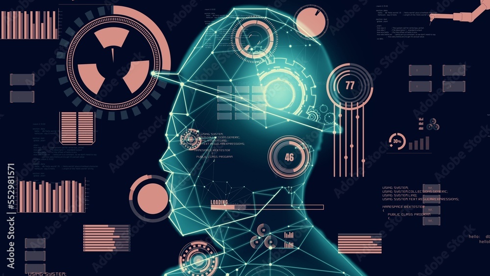 Abstract design of gears in inventive human head outline showing concept of engineering, consciousne