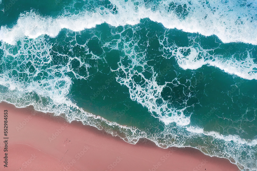 Spectacular top view from drone photo of beautiful pink beach. Generative AI. 