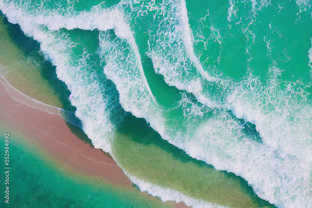 Spectacular top view from drone photo of beautiful pink beach. Generative AI. 