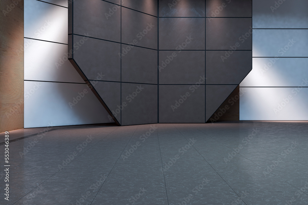 Urban futuristic concrete tile interior background. Spaceship or gallery interior concept. 3D Render