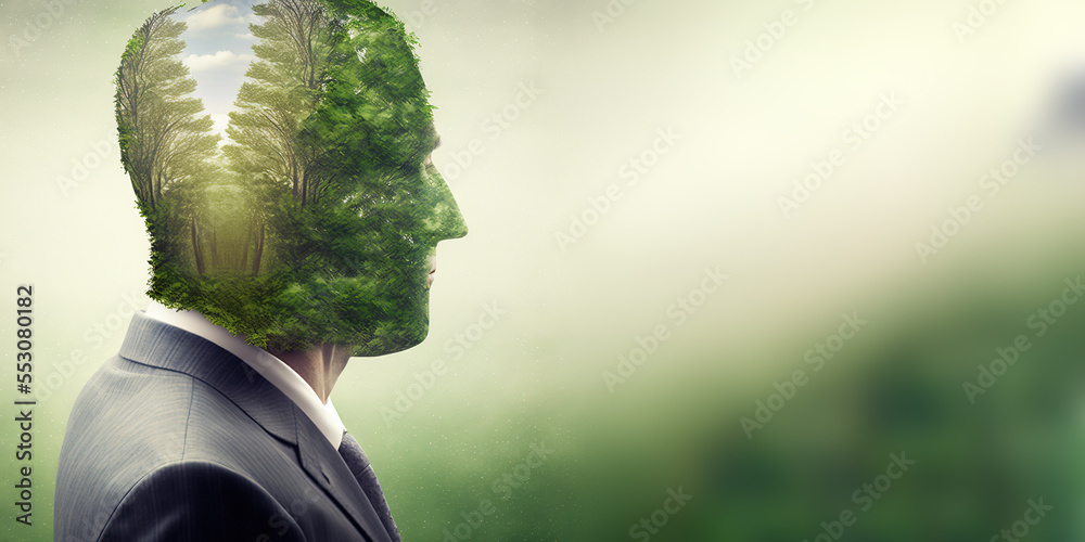 Concept of green business devotion shown by businessman and green forest trees. Generative AI. 