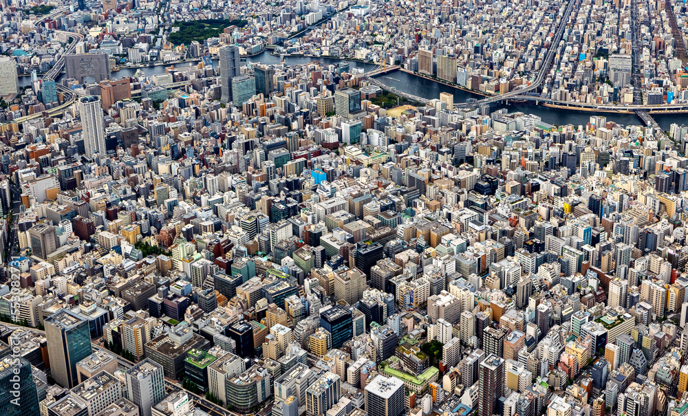 Aerial view of the Sumida River in Tokyo, Japan