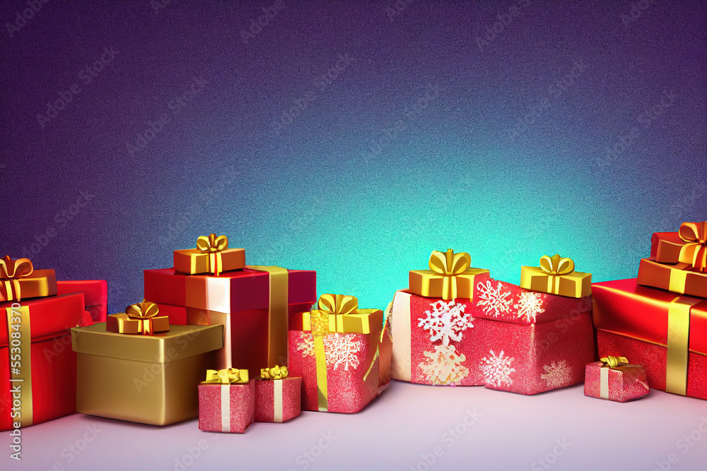 Many gift boxes for merry christmas and new year 2023 spectacular celebration. Generative AI. 