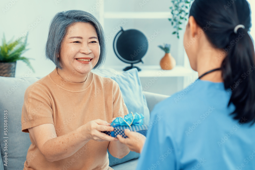 A young caregiver hand over to her senior patient a blue gift box with blue ribbons at a contented l