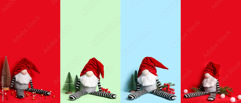 Collage of cute Christmas gnome with decorations on color background