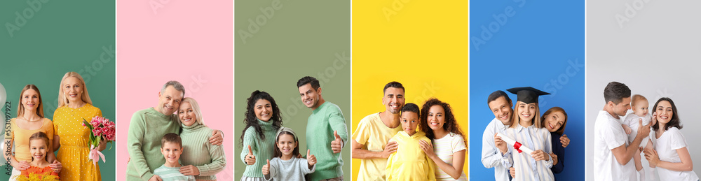 Collage of happy big families on color background