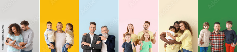 Set of happy big families on color background