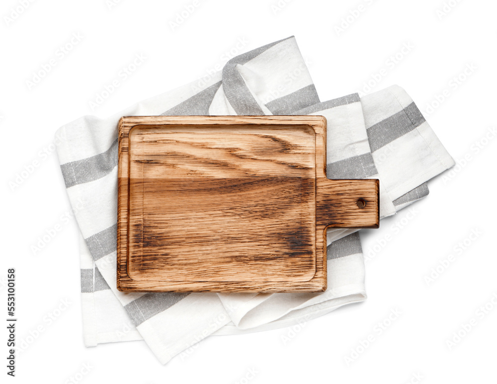 Wooden cutting board with napkin isolated on white background