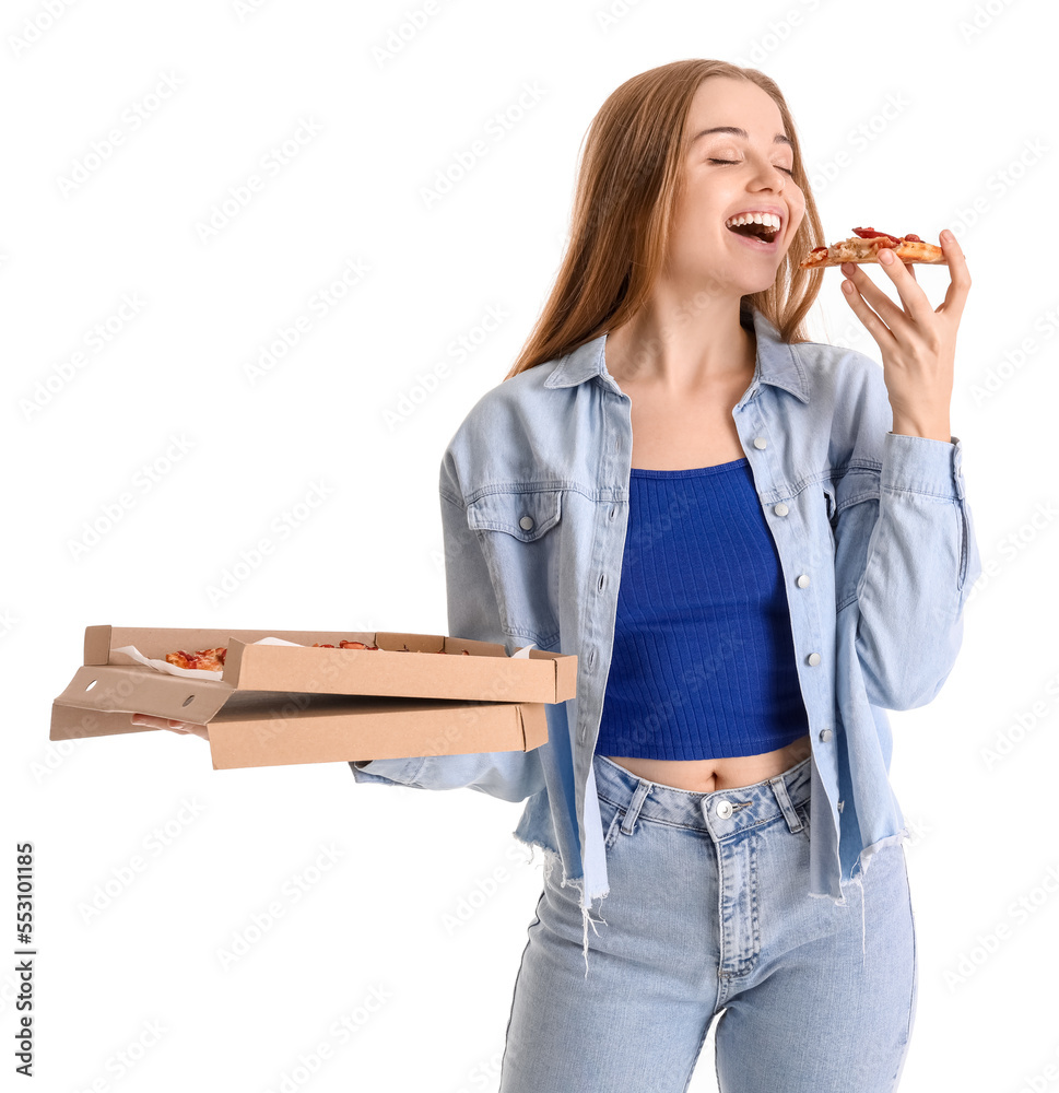 Beautiful young woman eating fresh pizza on white background