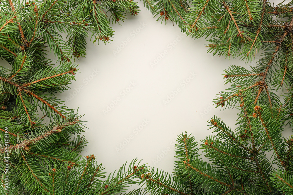 Frame made of Christmas branches on white background