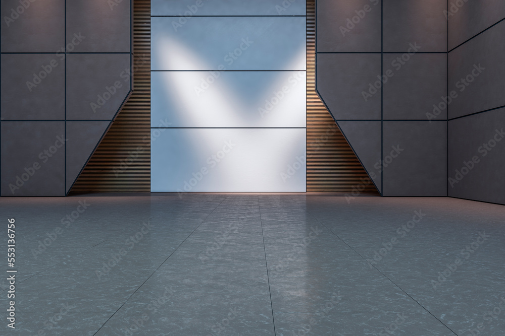 Urban futuristic concrete tile interior backdrop. Spaceship or gallery interior concept. 3D Renderin