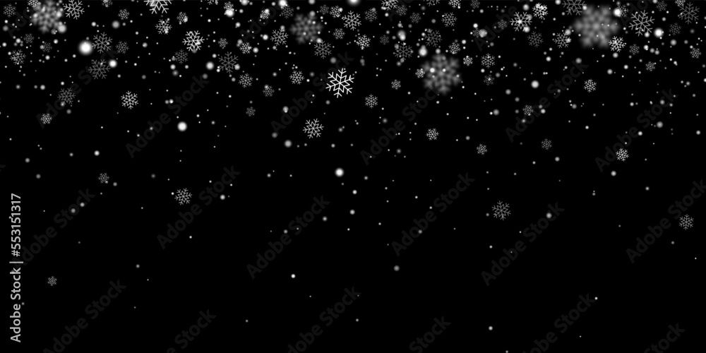 Winter snow snowflakes on black background. Vector