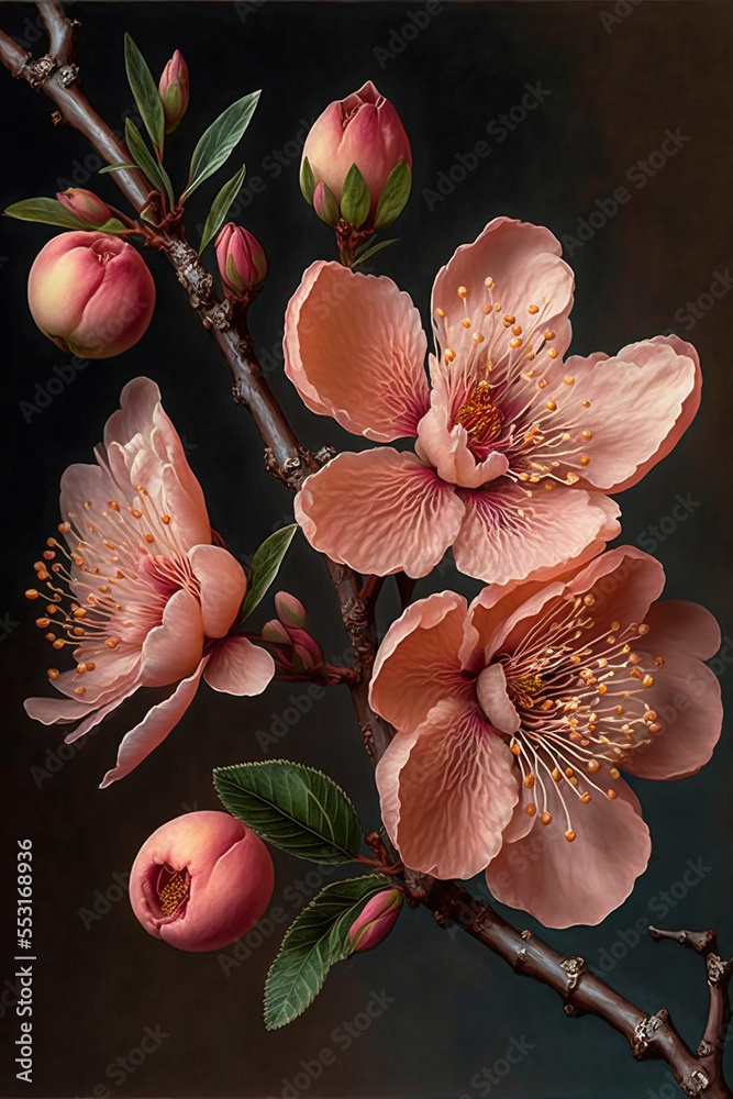 Peach Apricot blossom, flowers in bloom, close up. Generative Ai