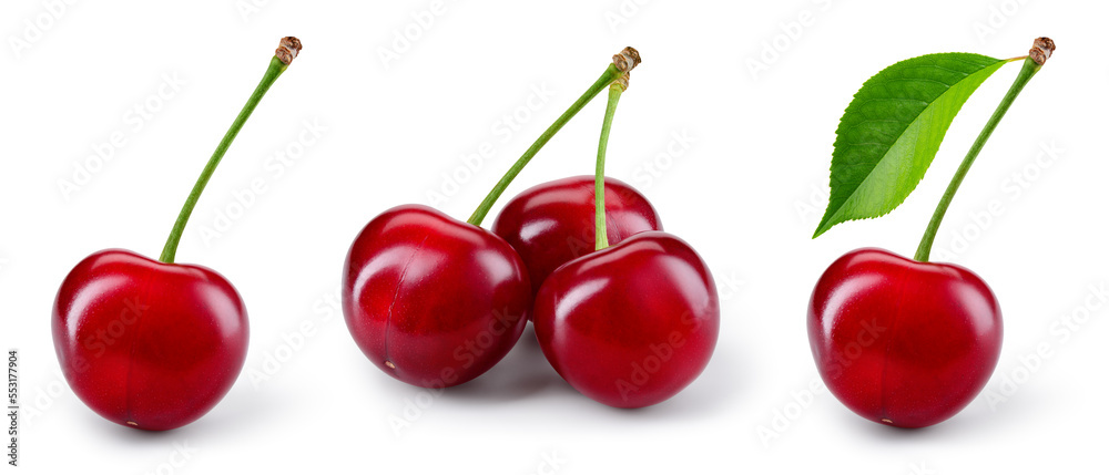 Cherry. Cherry with leaves on white background. Cherries with clipping path. Cherri collection full 