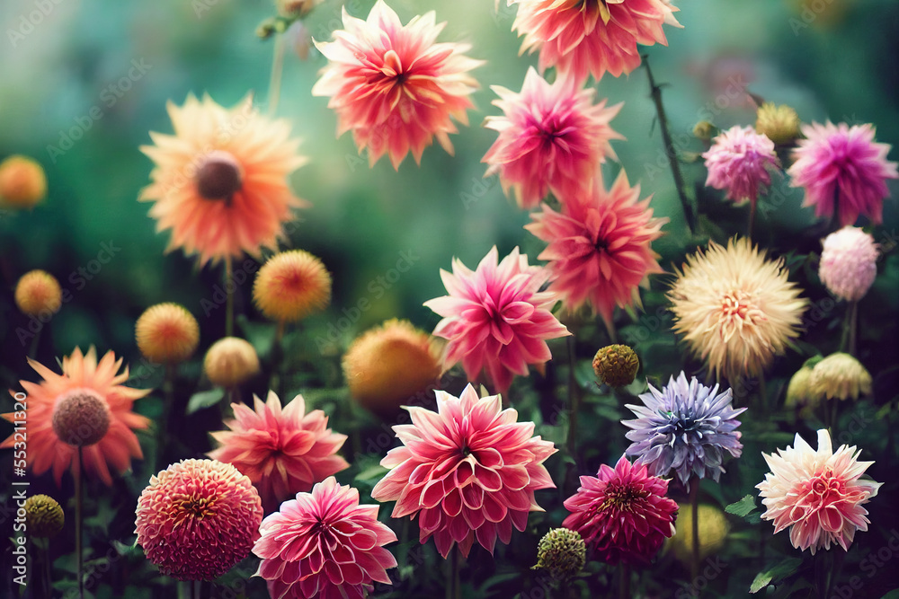 Dahlia flower banquet beautiful spectacular flower arrangement background. Generative AI. 