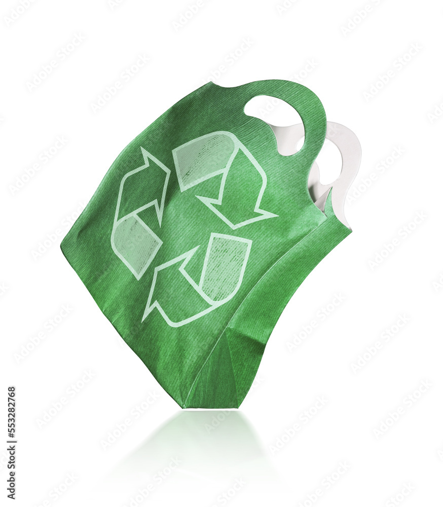 Green paper bag with rsymbol of recycling isolated on a white background