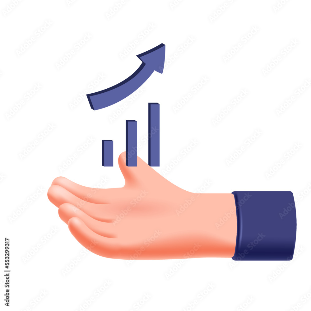 Graph in hand, information data volumes for analysis, arrow and pointer, growth up, chart analysis i