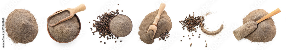 Collage of black pepper powder on white background, top view