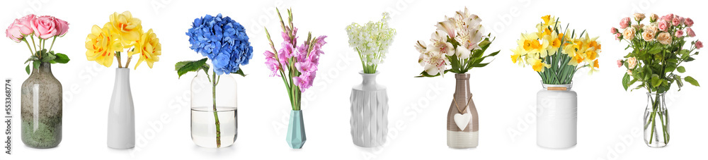 Collage of beautiful fresh flowers in stylish vases on white background