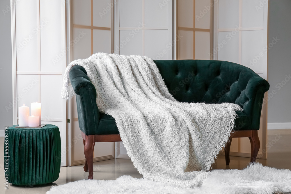 Interior of stylish living room with sofa, pouf and folding screen