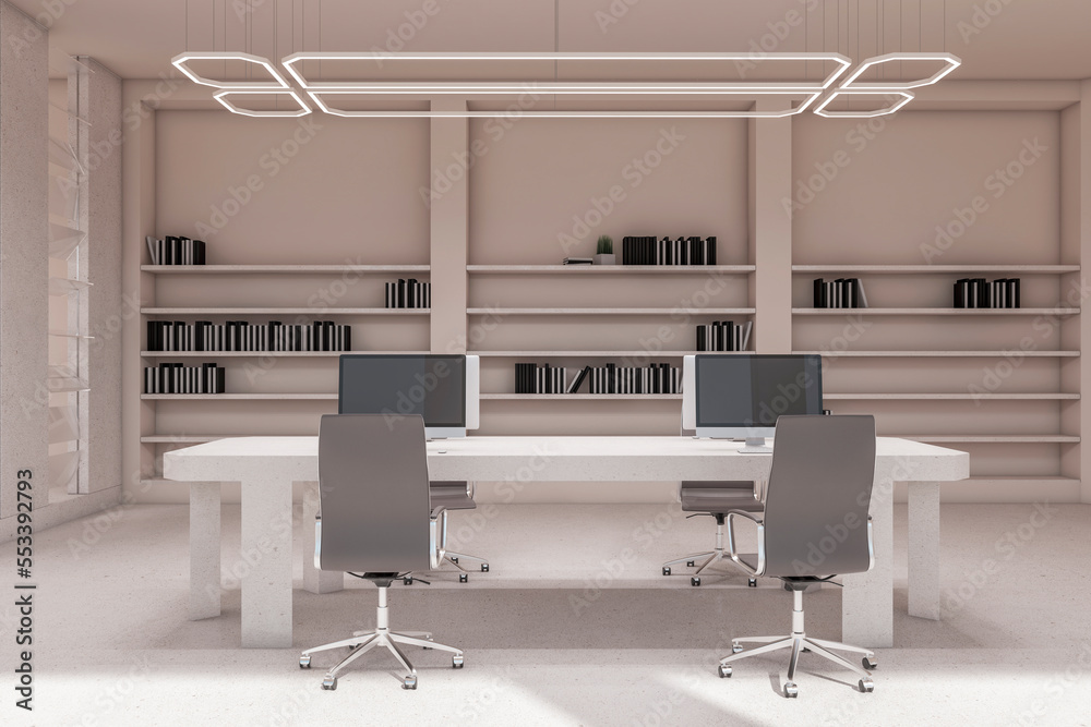 Modern concrete coworking office interior with curtains and bookshelves. Workplace concept. 3D Rende