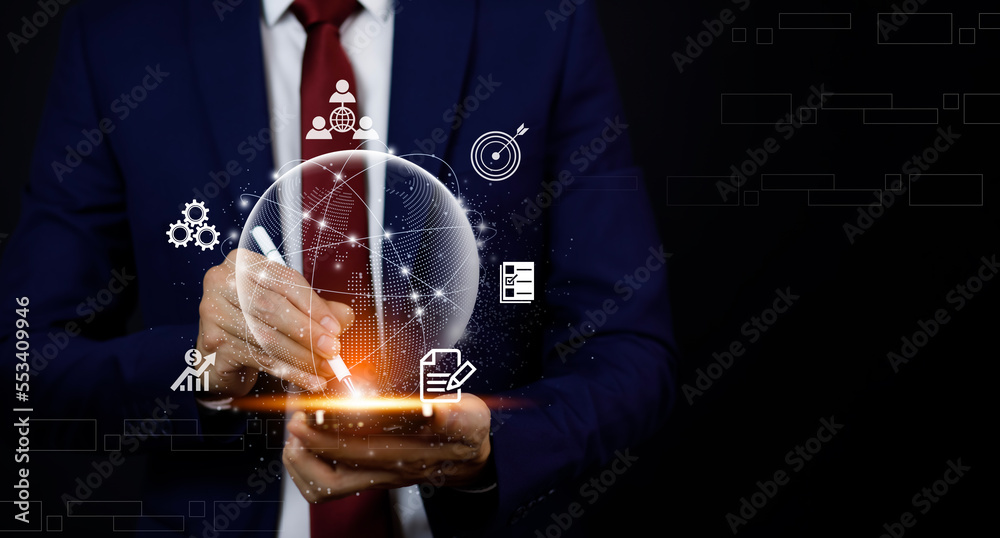 virtual Global Internet connection metaverse concept, Businessman using mobile smartphone, global in