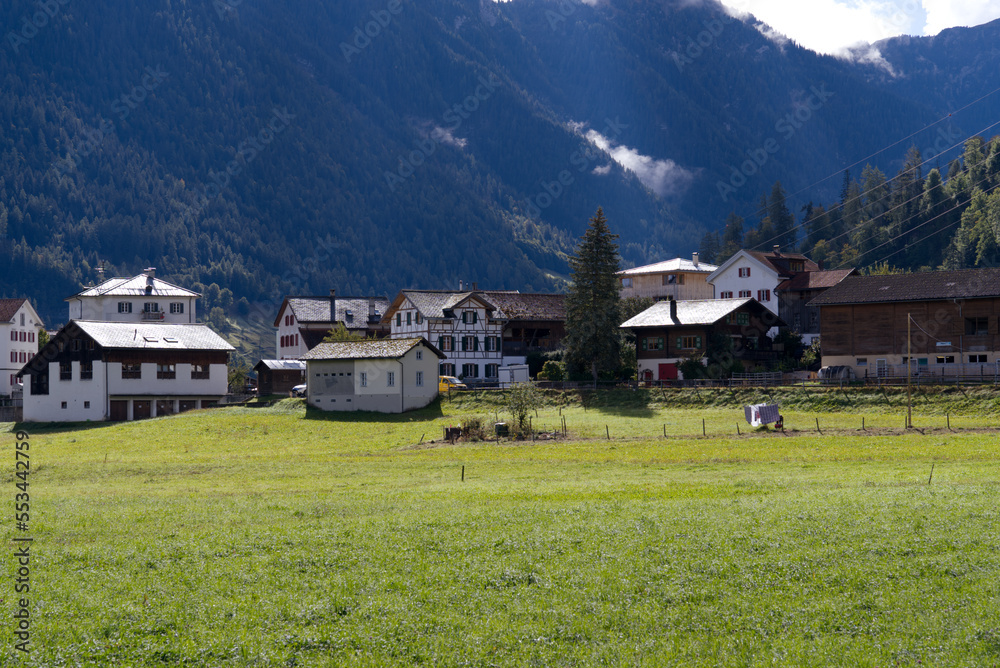 Scenic landscape with mountain village Versam, Graubünden, on a sunny autumn day. Photo taken Septem