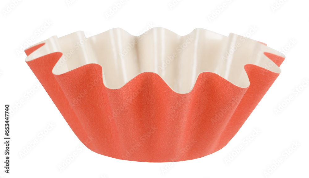 Orange baking muffin paper cup isolated on white backgroud. Creative food concept