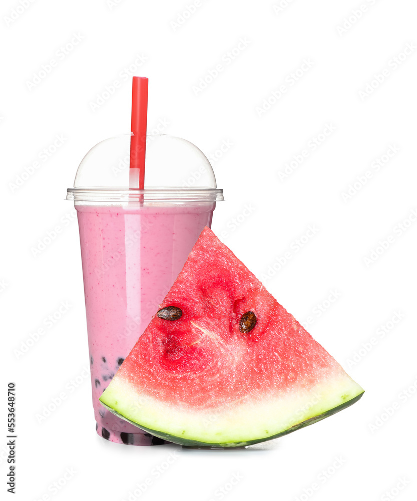 Plastic cup of tasty bubble tea on white background