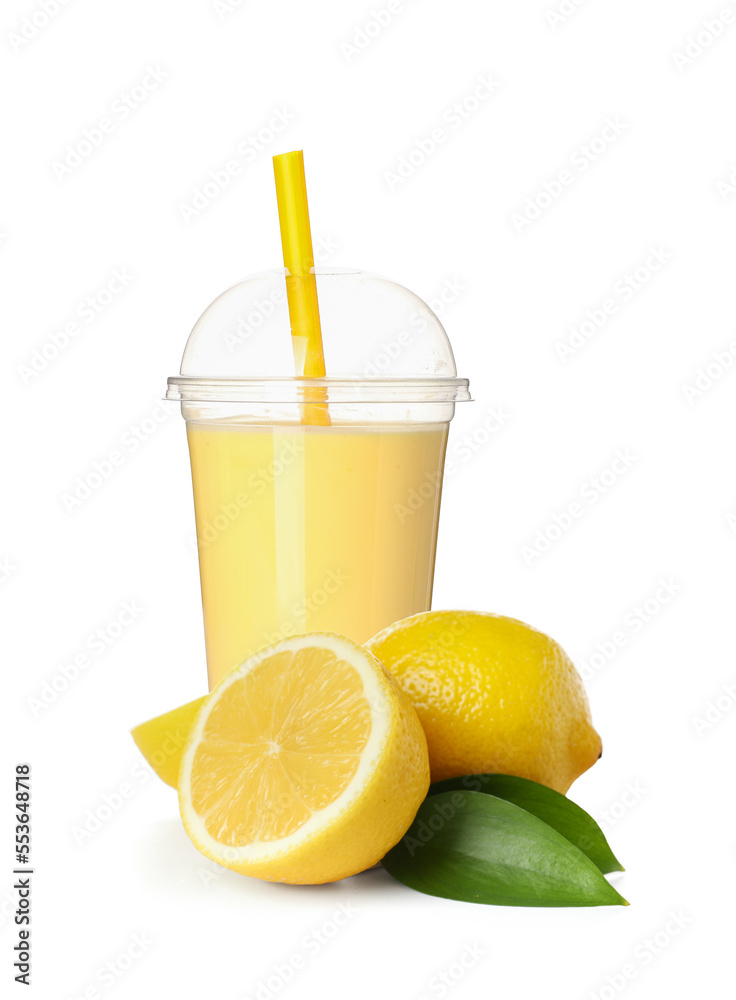 Plastic cup of tasty bubble tea with lemon on white background