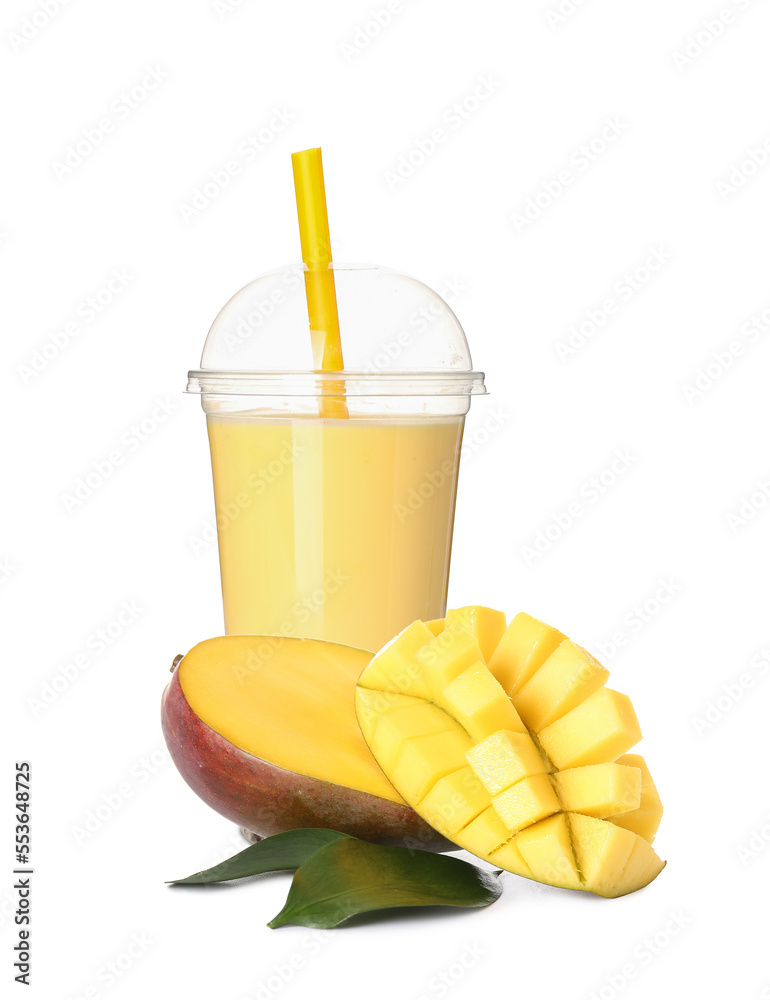 Plastic cup of tasty bubble tea with mango on white background