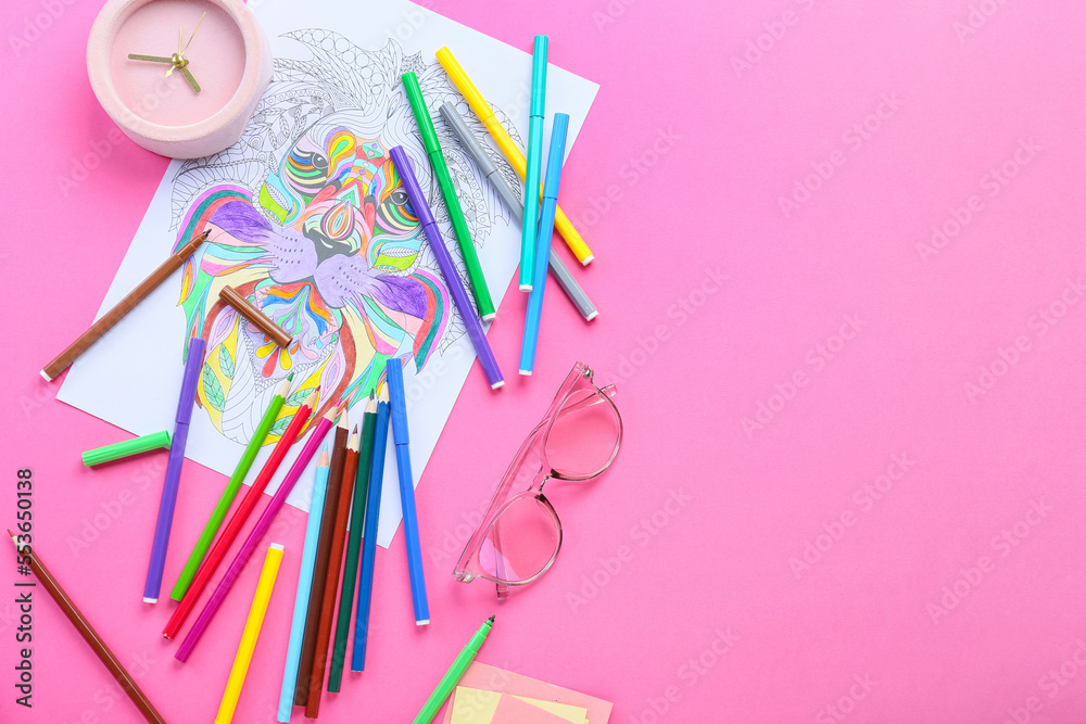 Coloring page, felt-tip pens, pencils, alarm clock and eyeglasses on pink background