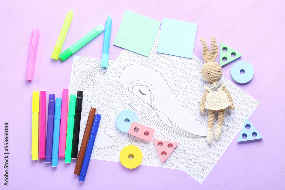 Coloring pages, felt-tip pens and toys on pink background