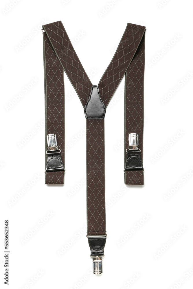 Stylish suspenders on white background