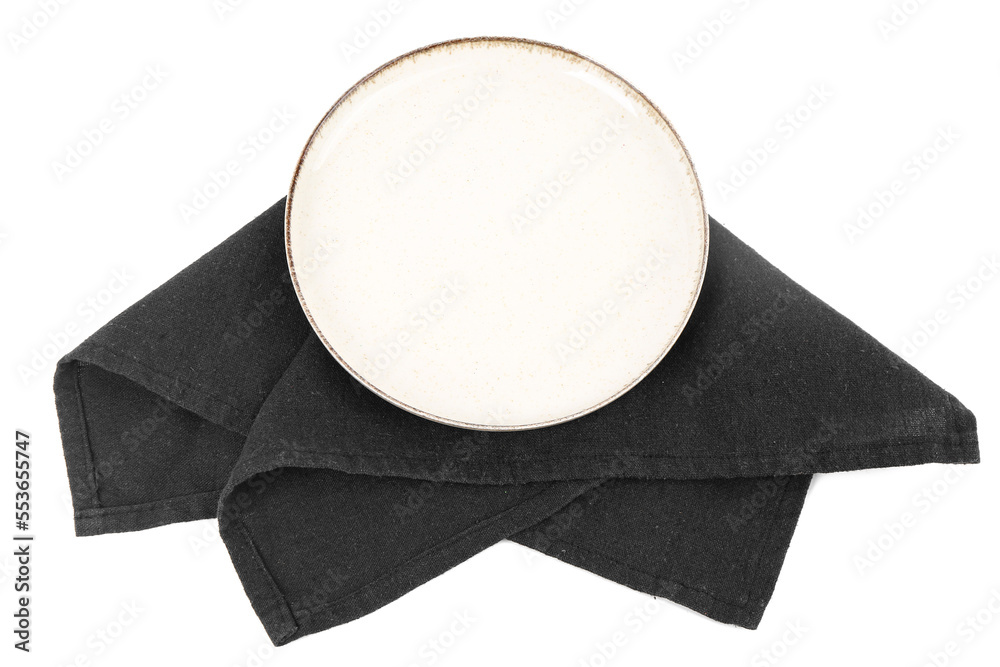 Plate with black napkin on white background