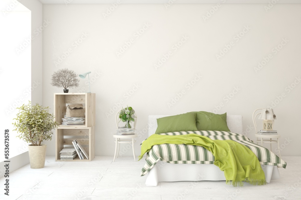 White bedroom interior. Scandinavian design. 3D illustration