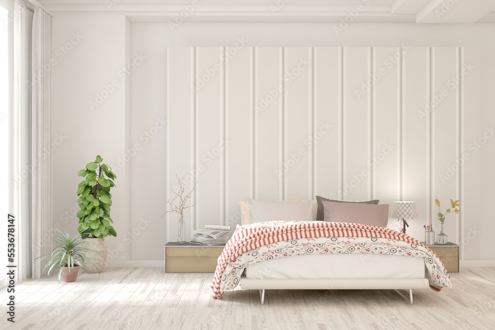 White bedroom interior. Scandinavian design. 3D illustration