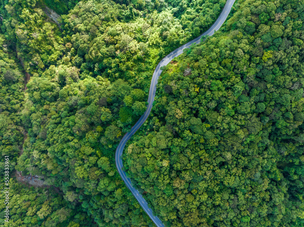 林间道路鸟瞰图，公路曲线施工上山，Rainfo