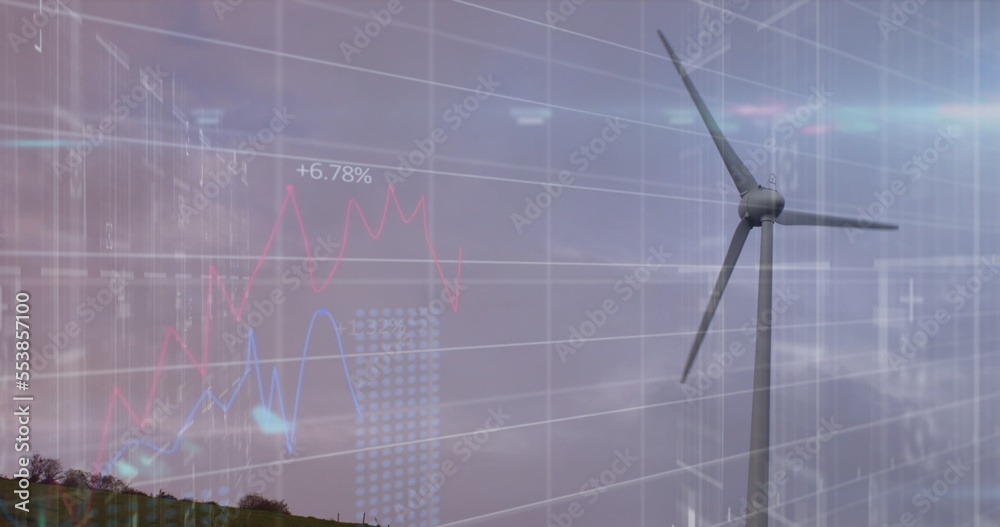 Image of financial data processing over electric windmill